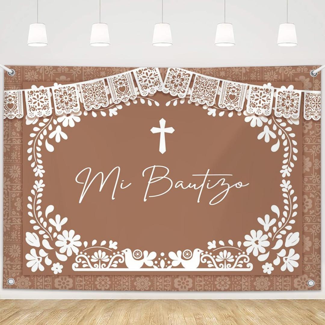 MEHOFOND 7x5ft Mi Bautizo Baptism Backdrop Brown Mexican Cielito Lindo Vertical Background Christening First Holy Communion Mexican Baptism Party Banner Photo Booth Supplies