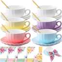 Set of 6 Tea Cups and Saucers Tea Party Decorations 5.4 oz British Cappuccino Cups with Saucers Floral Napkin Gift for Women Birthday Party Church Mother's Day