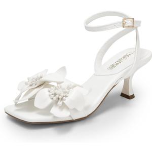 DREAM PAIRS Women's Flower Wedding Heels Cute Square Toe Slingback Low Kitten Heels Sandals with Ankle Strap (6, White-pu)