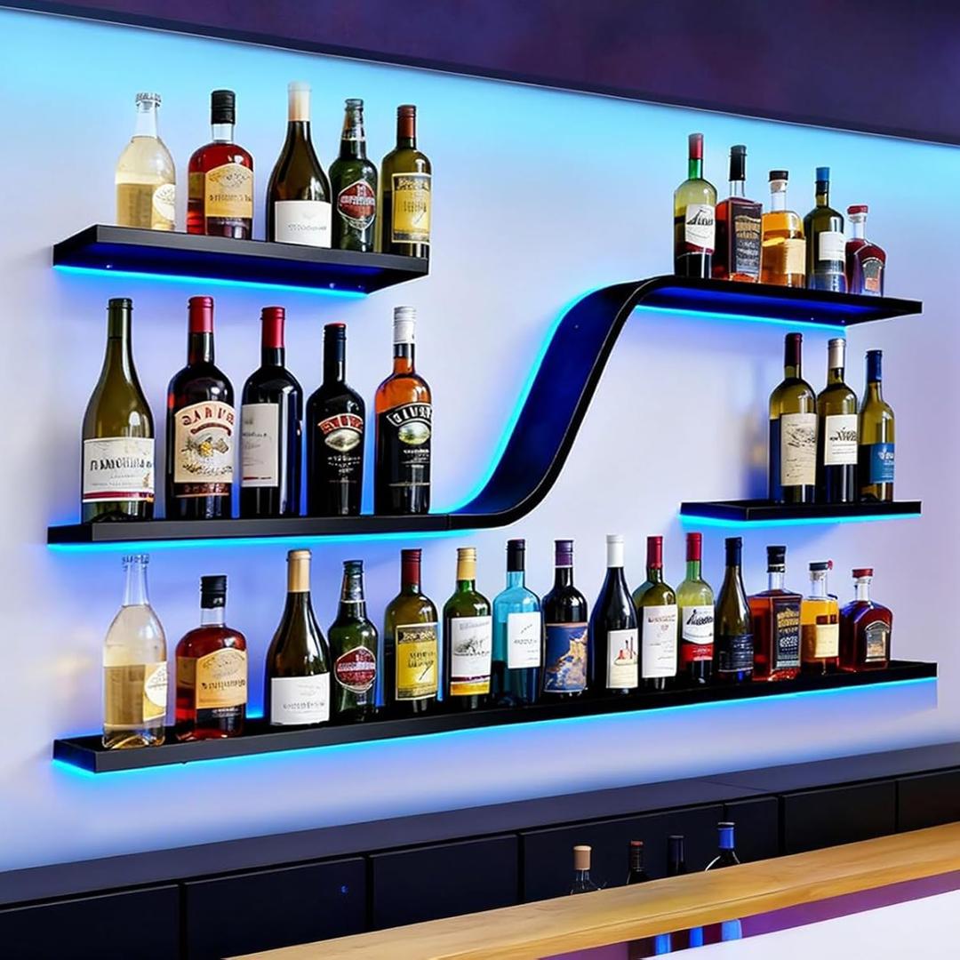 Modern Wall Mounted Wine Rack with Blue LED Light, 3-tiers Metal Curved Bar liquor Bottles Display Shelf, Large Floating Bar Shelves Storage for Home bars, kitchens Coffee Shop (Black, 47in), 47in/120cm