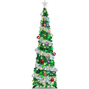 6 FT Pop Up Christmas Tree with 100 Warm White & Multicolor Lights Lights &Timer, Green Christmas Tinsel Tree, Collapsible Artificial Pencil Tree for Home Party Decor, Battery Powered, Easy Assembly