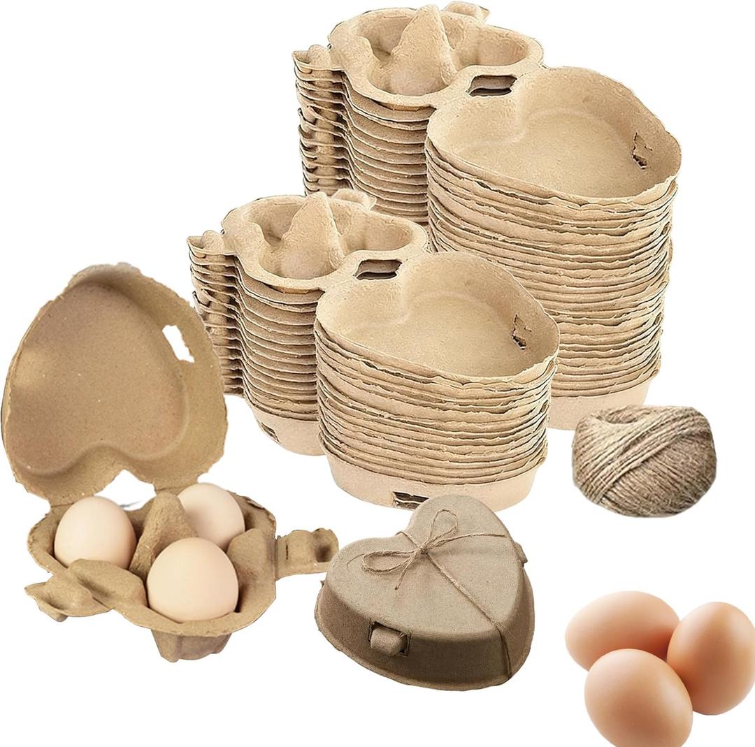 40 Pcs Heart Shaped Egg Carton 3 Count with Jute Rope Natural Paper Pulp Reusable Egg Cartons Easter Eggs Basket Tray for Valentine's Day & Easter Home Kitchen Family Farm Market Holiday Gifts