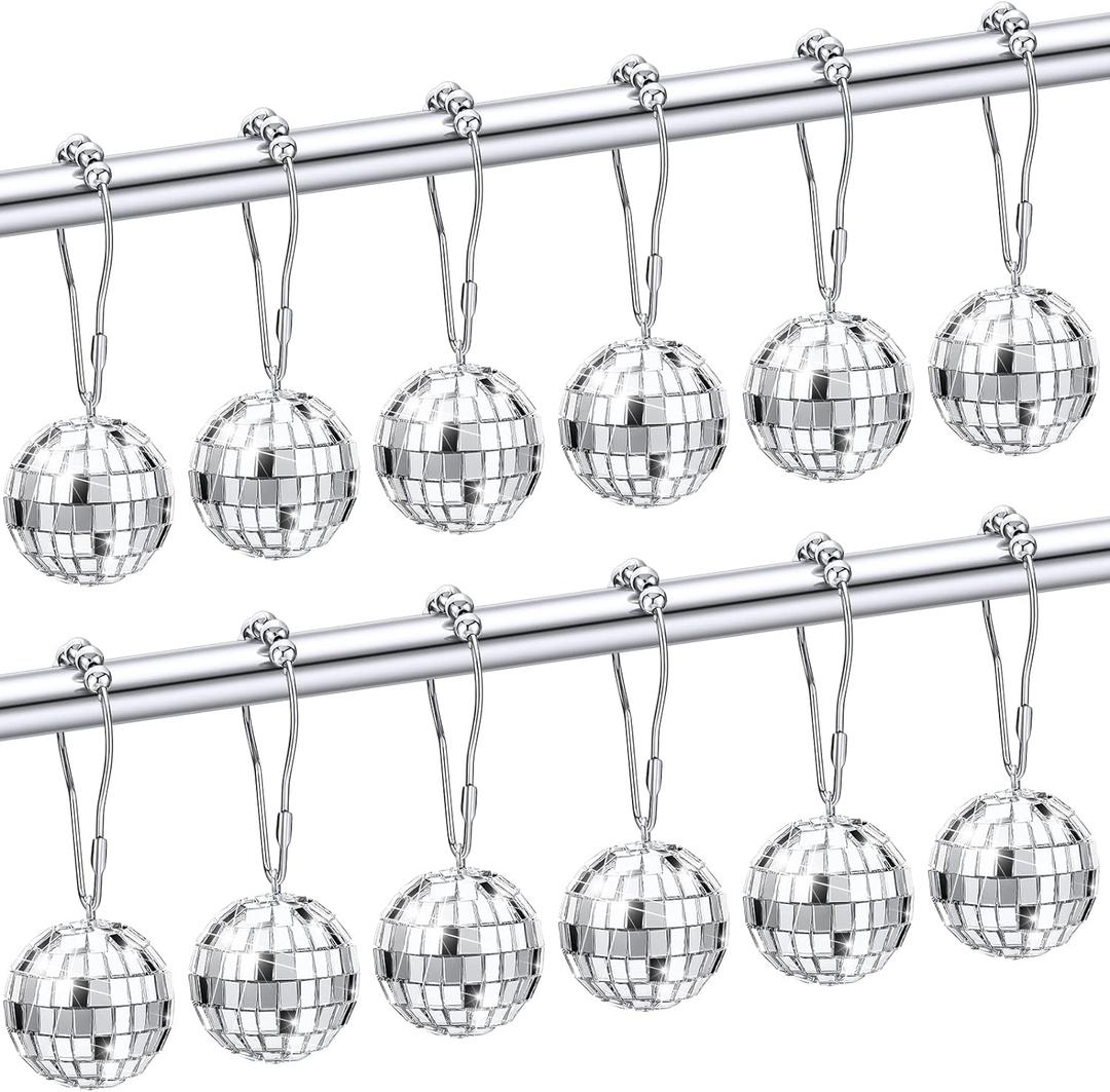 Bokon 12 Pcs Mirror Disco Balls Party Shower Curtain Hooks 70s Theme Party Bathroom Decor Silver Disco Retro Shower Curtain Rings Hooks Stainless Rustproof Bedroom Pendants for 80s Carnival Supplies