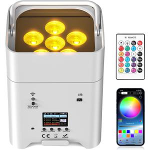 9600mAh Wireless Uplights, 6x18W RGBWA UV Stage Lights, APP/DMX512 Controlled Par Lights, Rechargeable Battery Powered Uplights for Show, Party, Festival, Event, White, 1 Pack