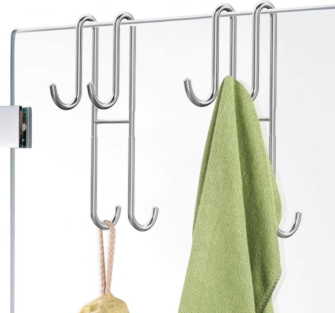 Cerbonny Shower Door Hooks, 2 Pack Double Towel Hooks for Bathroom Frameless Glass Shower Door, Heavy Duty Stainless Steel Bathroom Hanger without PerforationSilver (7in)