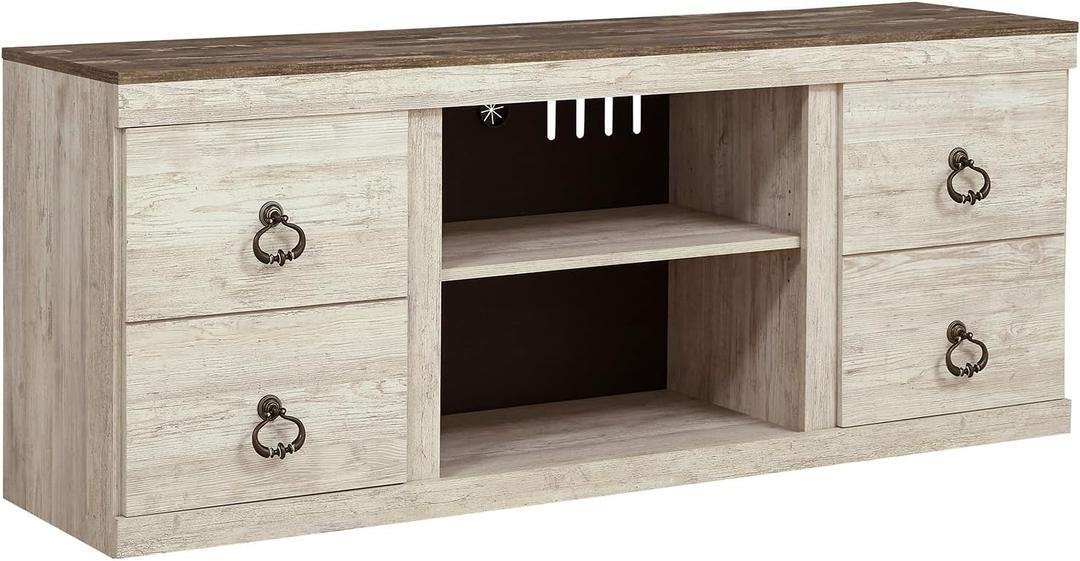 Signature Design by Ashley Willowton Shabby Chic Large TV Stand up to 60" with 3 Shelves and Fireplace Option, White