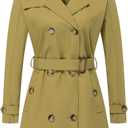 CREATMO US Trench Coat Women's Waterproof Double Breasted Windbreaker Classic Belted Lapel Overcoat with Removable Hood, Olive Yellow, XL