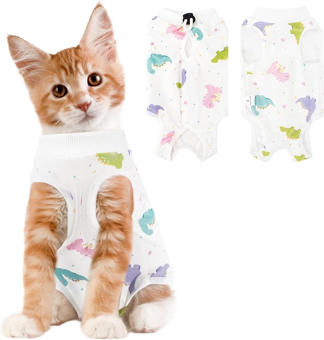 Cat Recovery Suit Female, Breathable Cat Onesie After Surgery Female for Abdominal Wounds or Skin Diseases, Surgery Recovery Suit Kitten Onesie After Spay Wear Anti Licking (Small, Dinosaur)