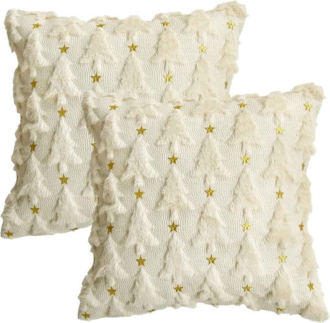 AVOIN colorlife Christmas Tree Star Beige Throw Pillow Cover Set of 2, 20 x 20 Inch Soft Plush Faux Fur Jacquard Festivals Winter Cushion Case Decoration for Sofa Couch