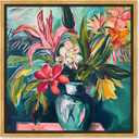 Vase Of Bright Tropical Flowers Framed Flowers In Vase Paintings, 13.5" x 13.5", Gold Frame