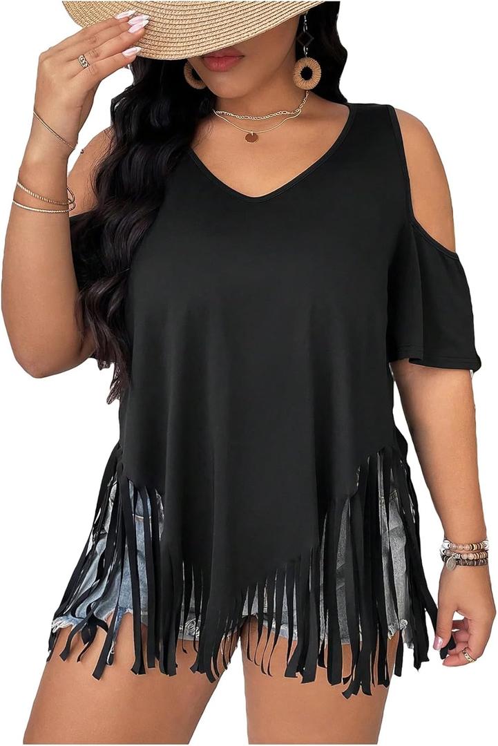 Women's Plus Size Fringe Hem V Neck Tops Short Sleeve Cold Shoulder T Shirts Top (XX-Large Plus, Black)