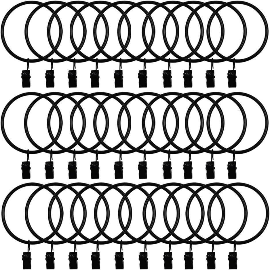 30 Pack Strong Iron Metal Curtain Rings with Clips 2.5 Inch Diameter, Decorative Drapery Rustproof Curtain Rod Clip Ring, Durable Vintage Drapery Hooks with Clips (30PCS Black)