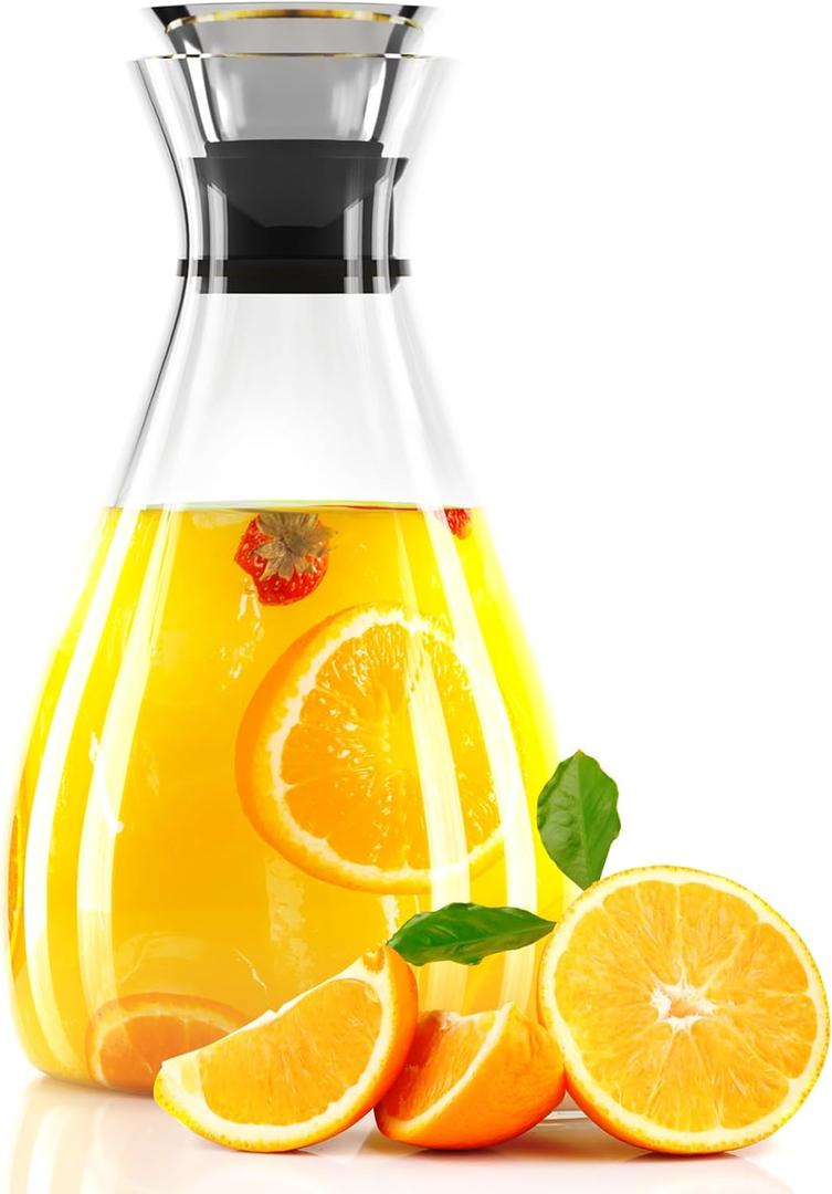 Glass Pitcher with Lid, 52 Ounces Juice Pitcher High Borosilicate Drip-free Glass Carafe Easy Pour Gallon Pitcher for Hot/Cold Water, Ice Tea, Juice Beverage, Transparent