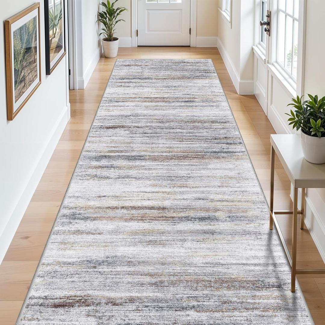 Large Runner Rugs for Hallway 4x20: Non-Slip Washable Wide Carpet - Soft Low-Pile Stain and Spill Resistant Rug for Entryway Living Room Dining Room Balcony Garage Office Beige Grey