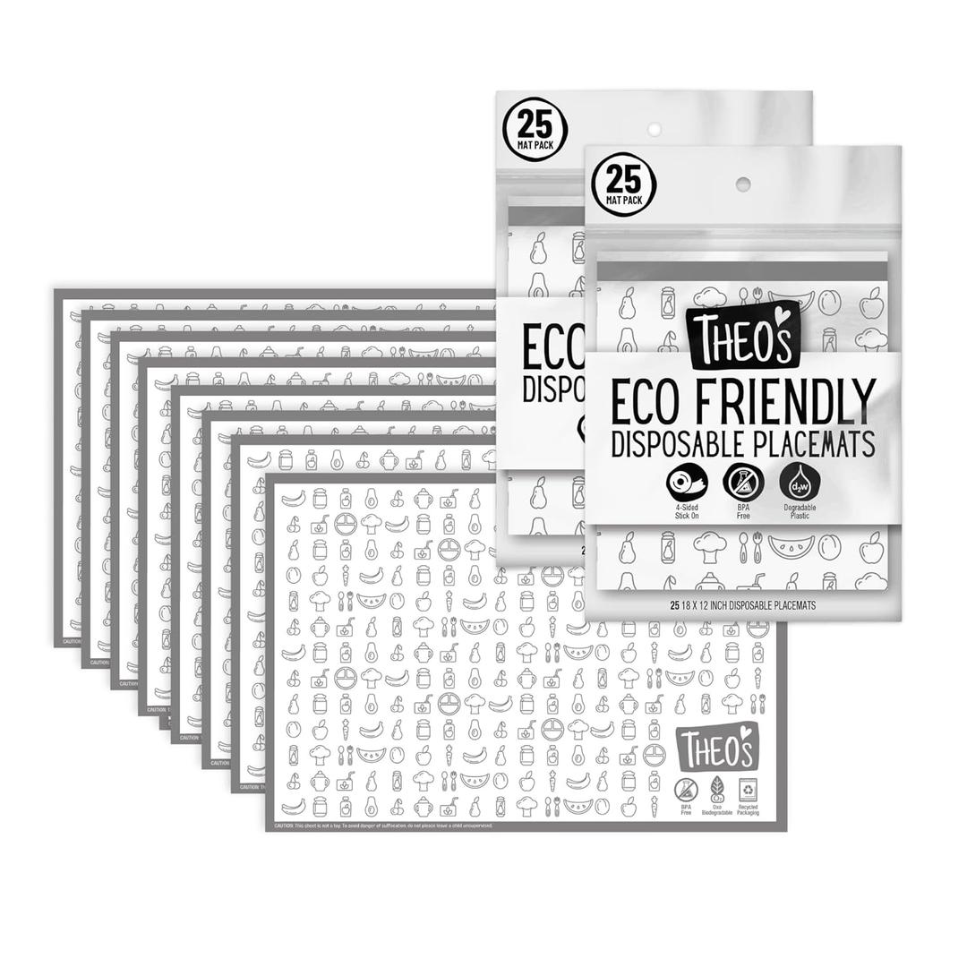 THEO'S 50 Pack Stick on Disposable Table Mats for Kids & Baby Led Weaning | Large 12" x 18" Restaurant Placemats in Reusable Travel Pouch