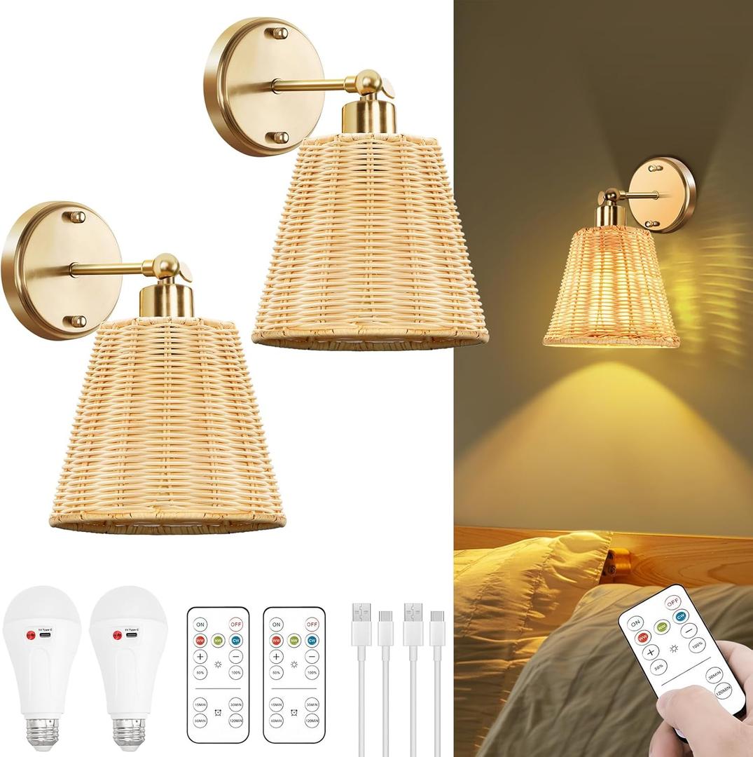 Frideko Rattan Rechargeable Battery Operated Wall Sconces Set of Two with Remote, 3 Colors Dimmable Wireless Wall Light, 5200mAh Indoor Wall Lamp with 4 Timer, Boho Sconces Wall Lighting for Bedroom (Gold)