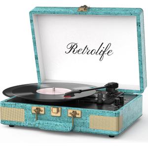 Retrolife Record Player 3 Speed Bluetooth Portable Suitcase Vinyl Player with Builtin Speakers Turntable Enhanced Audio Sound PU Leather Vintage
