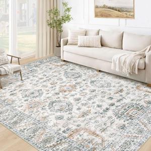 Area Rug 5x7 Living Room Rug, Machine Washable Vintage Distressed Boho Area Rug Non-Slip Soft Low Pile Large Indoor Rugs for Bedroom Kitchen Dining Room Office(Brown Green,5'x7')