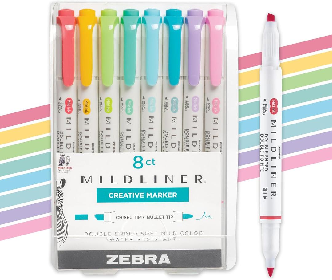 Zebra Pen Mildliner Dual-Tip Highlighter Marker Set, Broad and Fine Tips, No Bleed, Ideal for Bible Highlighting, Journaling, School and Office Supplies, Assorted Soft Hue Ink Colors, 8-Pack (78108)