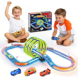 Glow Slot Car Race Track Set, 71 Pcs Glow-in-The-Dark Track Toy for Kids Ages 3-8, Electric Speed Car Light-Up Whole Tracks, 360 Magic Triple Loops, 1:64 Scale Pull-Back Cars, Toy Gift for Boys Girls