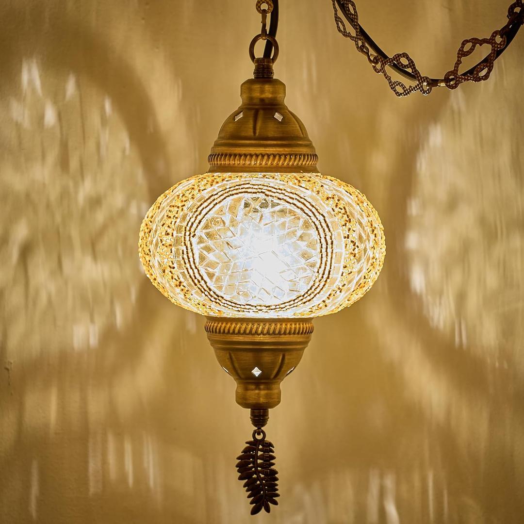  Authentic Turkish Plug in Pendant Light, 6.5" Big Size Globe, Made in Turkey, Turkish Moroccan Mosaic Ceiling Hanging Pendant Light Fixture Lamp, Swag Plug-in with 15ft Cord and Chain