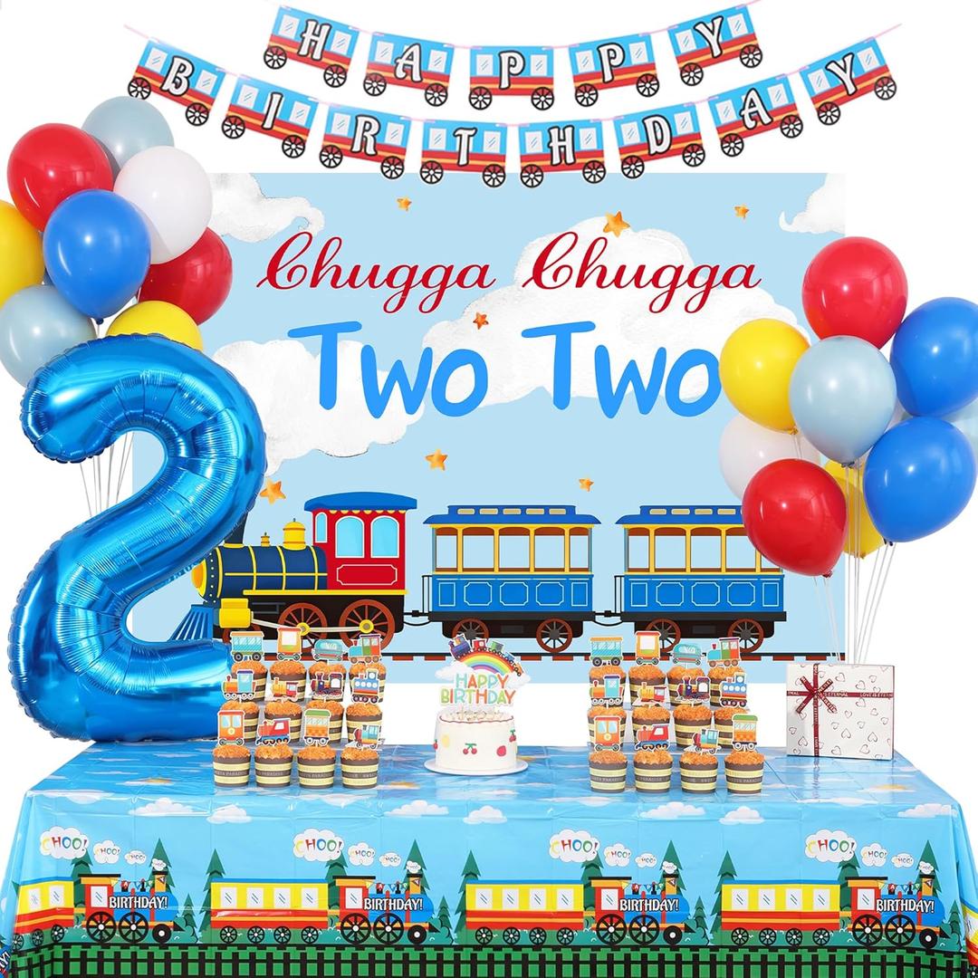 Chugga Chugga Two Two Party Decorations,Train 2nd Birthday Party Supplies, 2nd Birthday Decorations for Boys Include Banner, Tablecloth, Balloons, Cake Topper, Train Birthday Supplies
