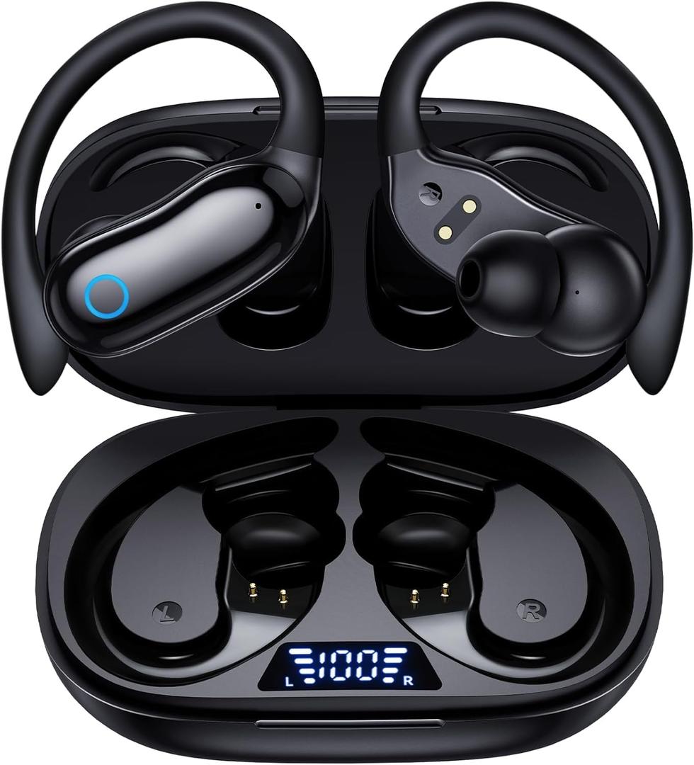 Active Noise Cancelling Ear Buds Wireless Earbuds 96hrs Playback Bluetooth Headphones Dual Battery Display Stereo Bass Earphones with Earhooks Microphone IPX7 Waterproof for Sports/Workout