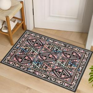 Black Rug 2'x3' - Small Washable Entry Rug Floral Boho Diamond Area Rug for Entryway Kitchen Bathroom Door Mat Indoor Entrance, Pet & Kids Friendly Stain & Fade Resistant Non Slip Carpet