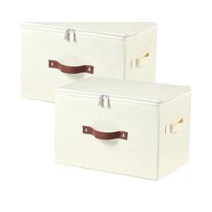 2 Pack Storage Bins with Zipper Lid Cotton Linen Fabric Lidded Storage Baskets Boxes Foldable Washable Closet Shelf Clothes Organizer Container with PU Leather Handles (Beige, Large Size)