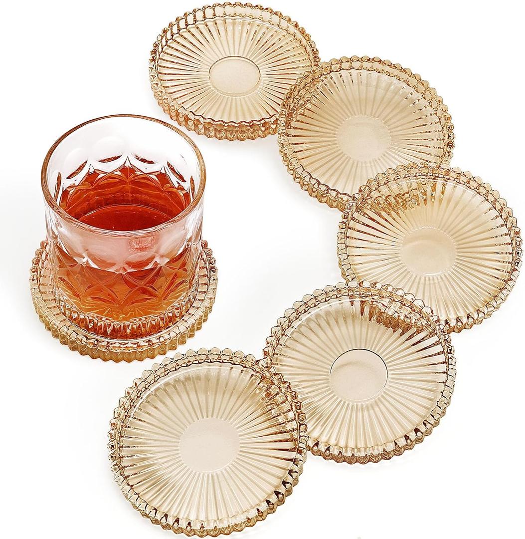 Vintage Glass Coasters, GOH DODD Set of 6 Crystal Coasters Tabletop Protection for Drinks, Home Decor, Kitchen, Living Room, Patio, Wedding, Party, Housewarming Gifts, Amber, Gold