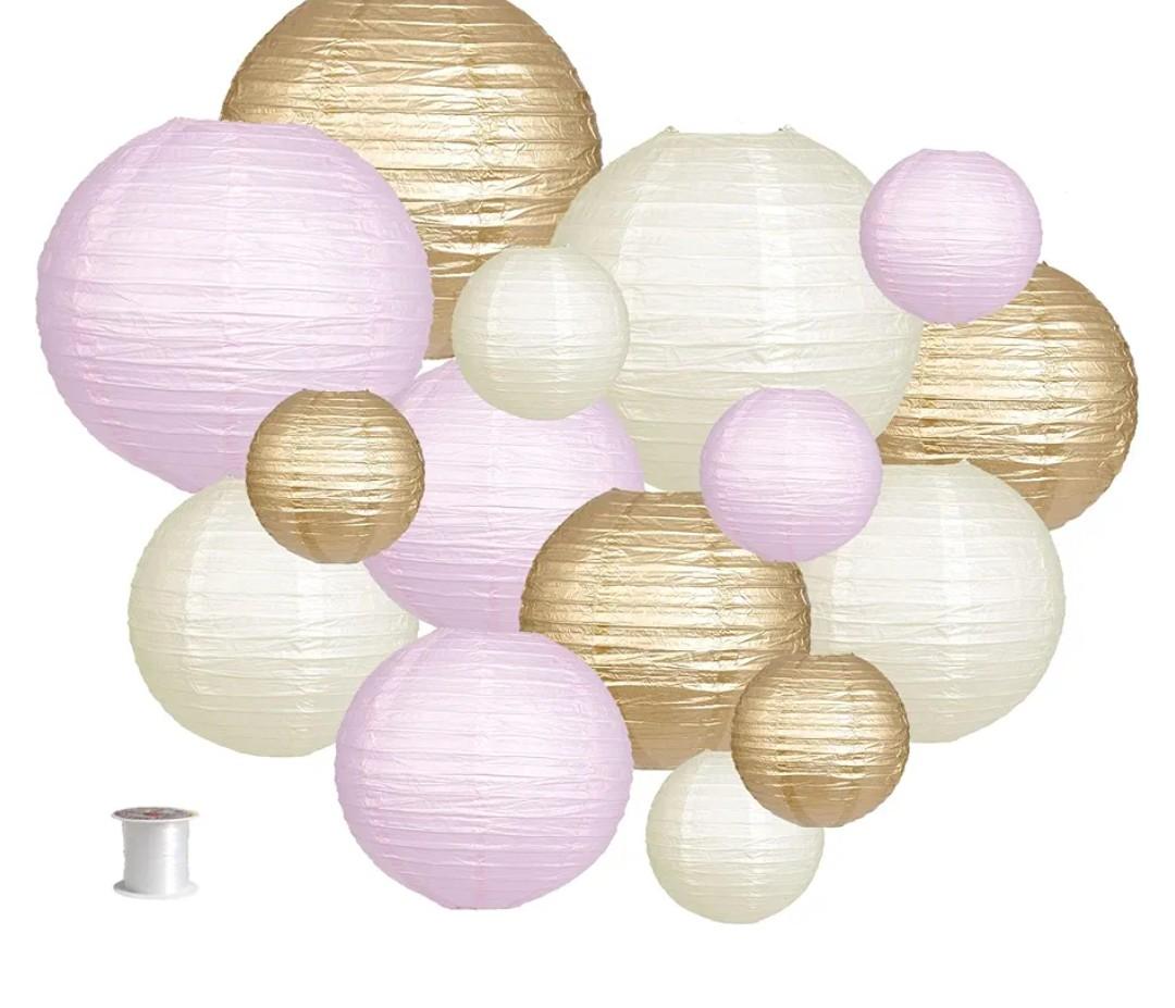 Paper Lanterns Decorative, Round Hanging Paper Lanterns Decorations for Wedding Engagement Baby Showers Birthday Party Supplies Pink/Gold/Ivory 15pc