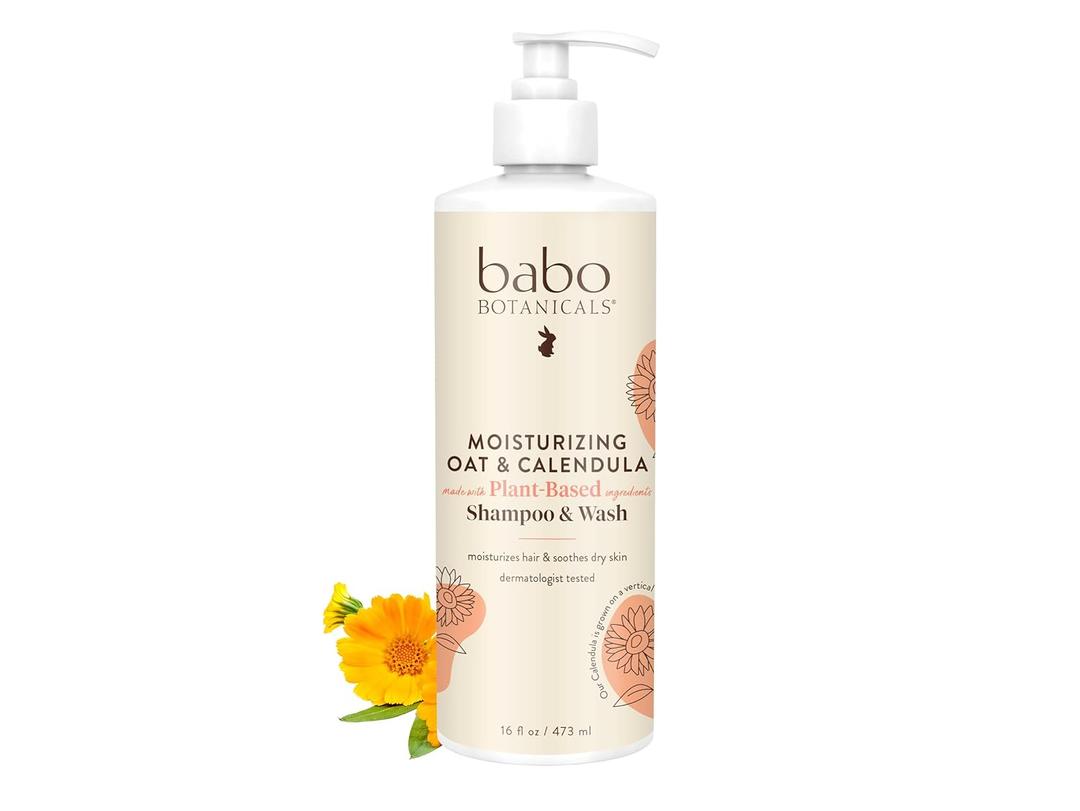 Babo Botanicals Moisturizing Oat & Calendula 2-in-1 Shampoo & Wash Gentle Cleansing for Dry or Sensitive Skin Safe for Baby, Toddler, Kids & Family Lightly Scented Vegan, 16 fl Oz