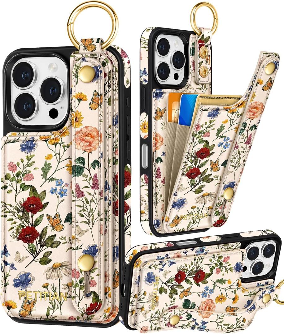 Petitian for iPhone 16 Pro Case Wallet - Women Girls Cute Girly Aesthetic Unique Design Leather Credit Card Holder Cardholder Stand Wristband for iPhone 16 Pro, Vin Flower