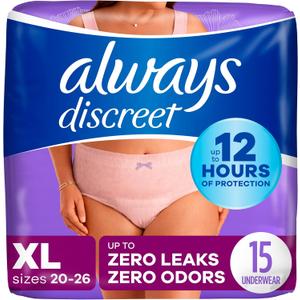 Always Discreet Adult Incontinence & Postpartum Underwear for Women, Classic Cut, Size X-Large, Maximum Absorbency, Disposable, 15 Count (Pack of 1) (Packaging May Vary)