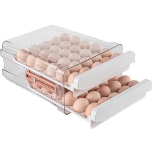 Sooyee 60 Capacity Egg Container for Refrigerator, Household Egg Holder with Time Memory, Transparent 2 Drawers Chicken Egg Storage Container, White