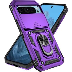SunStory Compatible with Google Pixel 10 / Pixel 10 Pro Case with HD Screen Protector & Slide Camera Cover & Rotated Ring Kickstand, [Military-Grade] Phone Case for Pixel 10/10 Pro, Purple