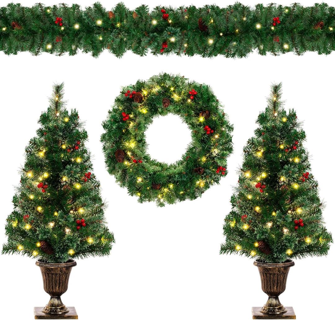 Pre-lit Holiday Christmas 4-Piece Set with LED Lights, Christmas Garland, Wreath and Set of 2 Entrance Trees, Christmas Decorations for Indoor Outdoor Home Porch Front Door (Green)