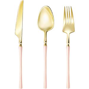 Lullaby 150pcs Gold Plastic Silverware, High End Disposable Cutlery with Pink Handle Include 50 Forks, 50 Spoons, 50 Knives, Perfect for Birthdays, Parties, Weddings, and More
