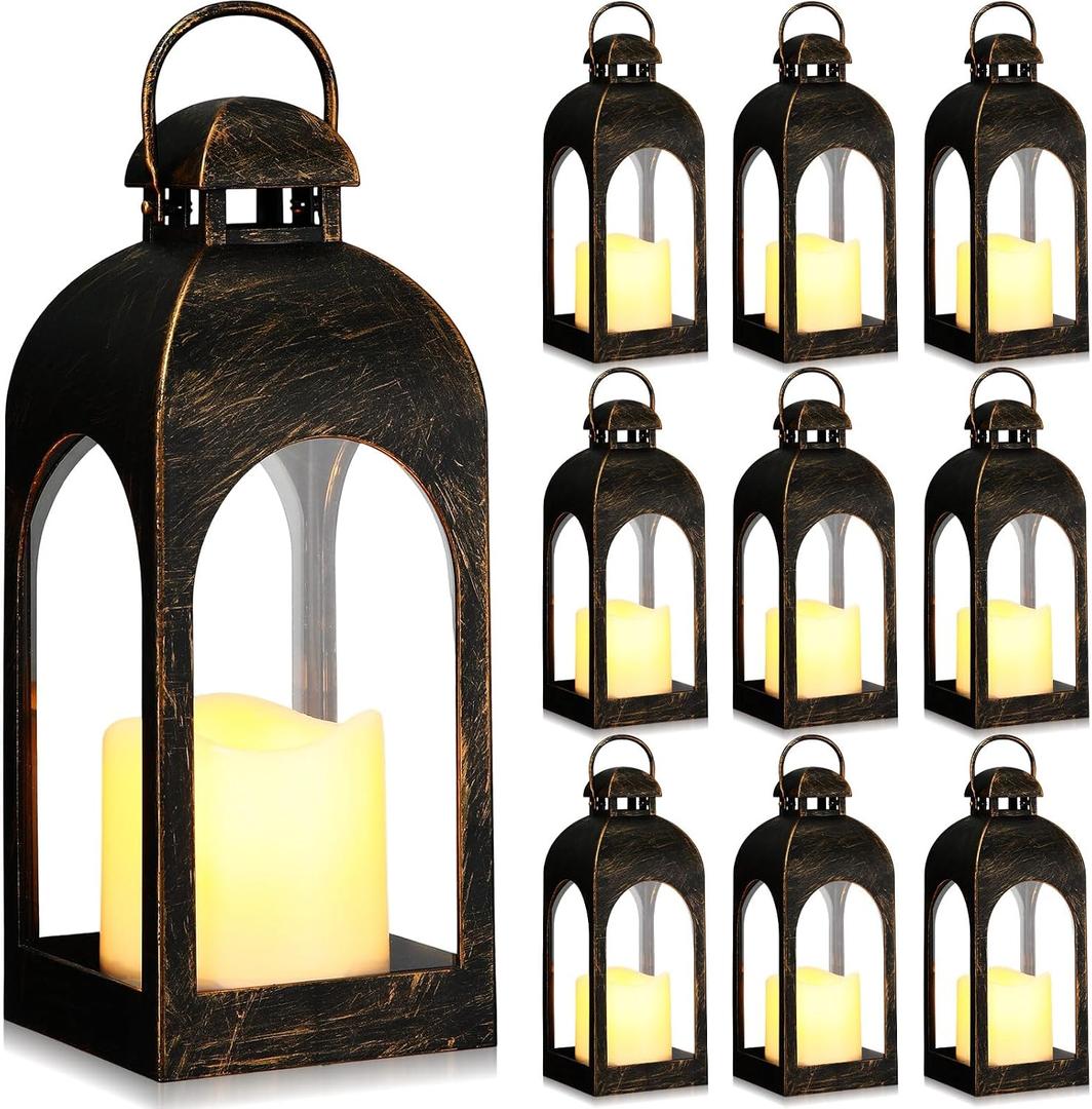 Tujoe 10 Pcs 10 Inch Decorative Candle Lantern Bulk for Wedding Centerpieces Lanterns with LED Flameless Candle Indoor Outdoor Hanging Lights for Wedding Party, Battery Included (Dark Bronze)