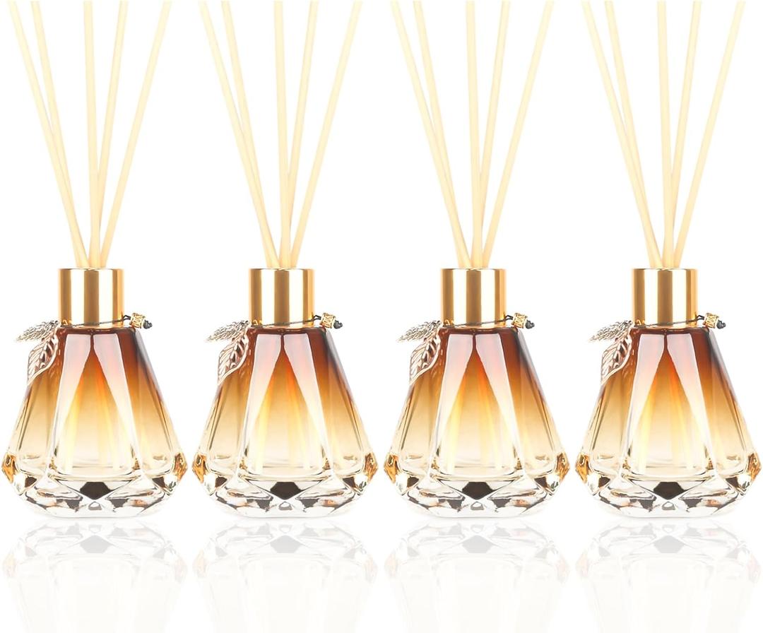4pcs Reed Diffuser Empty Bottles With 20pcs Sticks, Delicate Gold Leaf Decor, Glass Fragrance Set With Lids for Home, Bathroom | Refillable, Diamond Style Gold