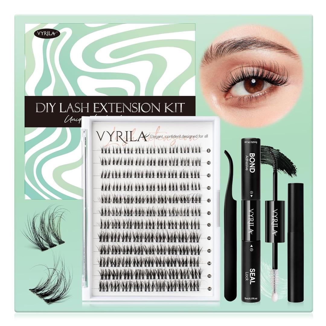 Lash Clusters Kit 0.05mm Individual Lashes, 3D Wispy Lashes, 0.1mm Super Thin Band Resuable Natural Lashes,D Curl Faux Mink Lashes,108pcs Lash Extension (Green Soul-D-0.05-8-16mix-Kit)