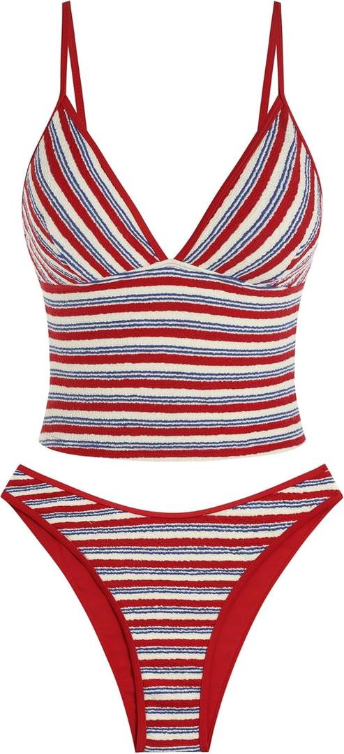 ZAFUL Women's Spaghetti Strap Tankini Swimsuits V Neck Tummy Control Tie Side Thong Bikini Swimsuits 2 Piece Bathing Suits (Red, S)