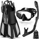 Odoland Snorkel Set, Adults Snorkeling Packages with Dry Top Diving Mask, Adjustable Swim Fins, Mesh Bag, Anti-Fog Anti-Leak Snorkeling Gear for Men Women (L/XL (US Men 9-13/ Women 10-14), Black)