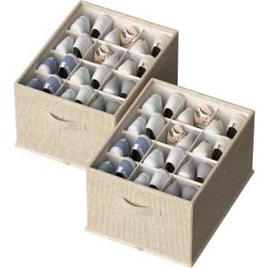 FHSQX 2 Pack Shoe Organizer for Closet,Foldable Shoe Organizer,Fits up to 24 Pairs,Storage Containers With Bottom Support for Shoes (16.5*12.6*9.5in, Beige)