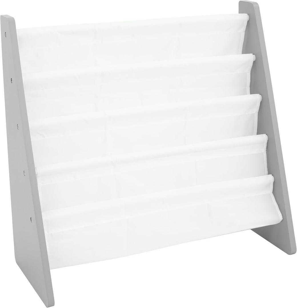 Humble Crew 4-Tier Kids Bookshelf, Grey Wood/White - Premium Book Shelf for Kids Rooms with Four Deep Pockets - Toddler Sling Book Rack with Deep Sleeves, Nursery Bookcase Organizer