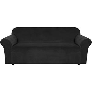 H.VERSAILTEX Stretch Velvet Sofa Covers for 3 Cushion Couch Covers Furniture Protector Soft with Non Slip Elastic Bottom, Crafted from Thick Comfy Rich Velour (Large Sofa 90"-97", Black)
