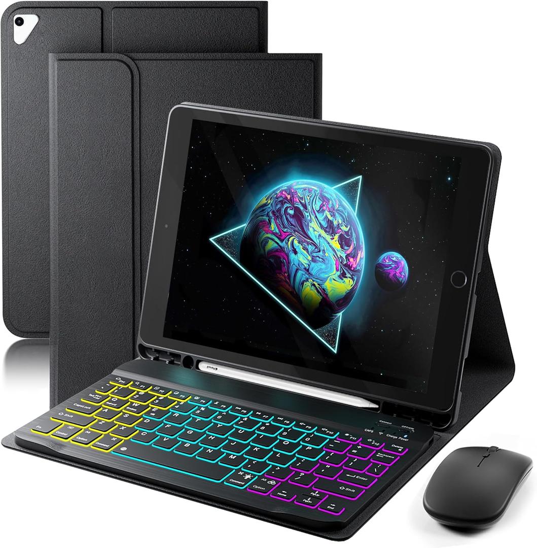 Keyboard Case for iPad 9.7 inch, iPad 6th (2018)/iPad 5th Gen(2017), iPad Pro 9.7(2016), iPad Air 2 (2014) - 7 Color Rainbow Change Backlit Magnetic Keyboard Built in Pencil Holder with Mouse- Black