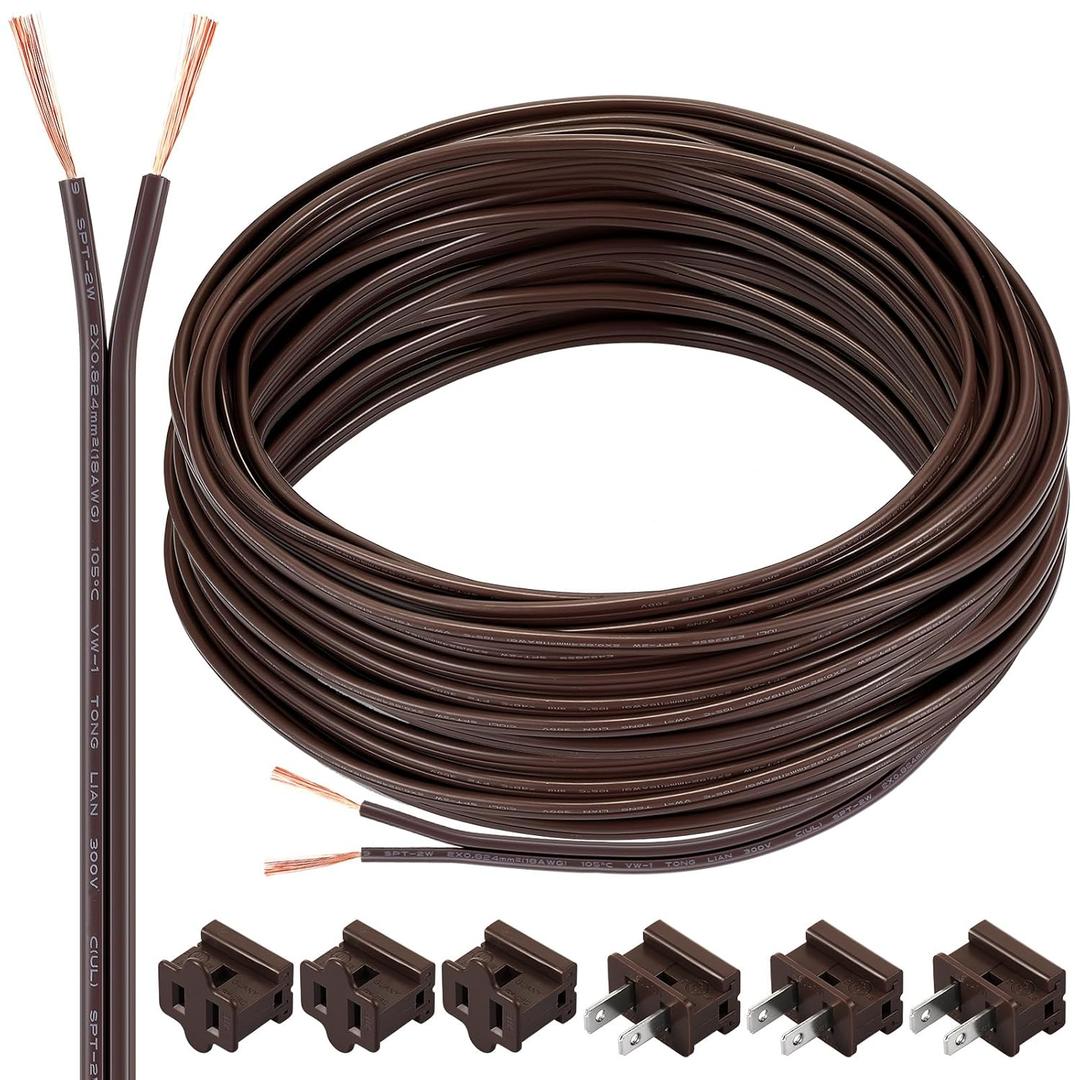 SPT-2 100 ft 18/2 Wire Electrical Wire with 6 Plugs 18 AWG Wire 18 Gauge Wire for LED Lighting Strip Lamp, Lamp Extension Cable, Residential Outdoor Commercial Industrial, Brown