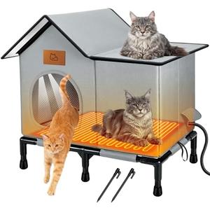 Heated Cat House for Outside Winter with Heater, 100% Weatherproof, Oxford Cloth Insulated Outdoor Cat Shelter with Waterproof Eaves & Escape Door for Outside Stray Barn Cat Grey 20x13x21in