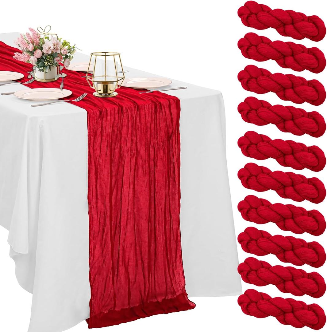 10 Pack Red Cheesecloth Table Runner 6FT Boho Gauze Fabric Table Runner Vintage Rustic Sheer Runners for Wedding Party Bridal Baby Shower Long Table Decorations